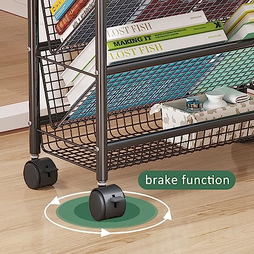 ZHDLdpUS Mobile Rolling Book Cart Shelf Organizer with Wheels - Black Metal Compact Desk Storage Trolley for Narrow Spaces, Ideal for Magazine Rack and Di