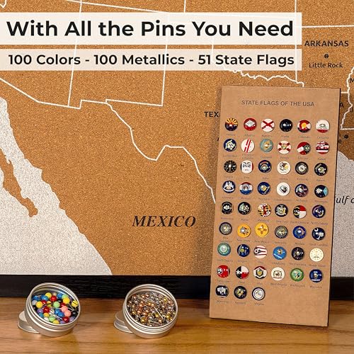 USA Travel Map with Pins – Large 30" x 20" United States Cork Board Wall Map with Wood Frame, Decorative Push Pin Map with 51 State Flag Pins, Metallic & Colored Pins – Track Travels – Gift for Travelers, Couples & Families