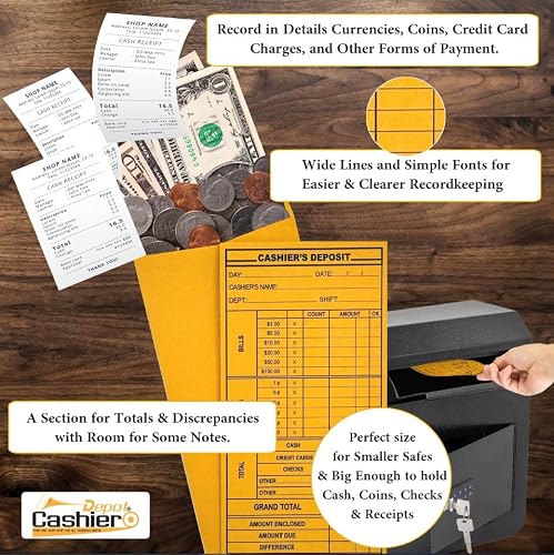 500 Cashier Depot - Cashier's Report Envelopes EZ400S, 4 1/8 x 9 1/2 Inches, Brown Kraft Paper, Peel & Seal, Pre-Printed Cash Report Form, for Business Deposits, 500 Count