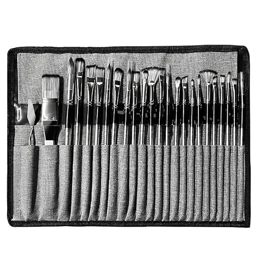 BXFIRS 24-Piece Set of Paintbrushes Nylon Oil Paint Brushes Canvas Brush Cover Wooden