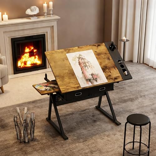 NestLude Adjustable Drafting Table with Stool, Tilting Art Desk with Storage Drawers for Home Office, Reading, Writing, Crafting. Perfect for Artists and Hobbyists. (Rustic Brown)