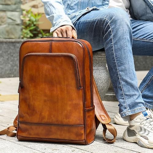 VCDUXMQLK Men's Colored Genuine Leather Backpack Vintage Computer Bag Tree Cream Layer Cowhide