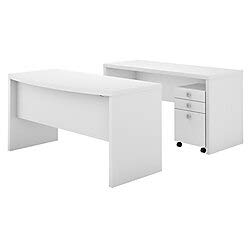 kathy ireland Office by Bush Business Furniture Echo Bow Front Desk and Credenza with Mobile File Cabinet, Pure White, Standard Delivery