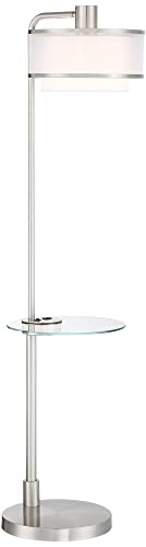 Possini Euro Design Modern Floor Lamp with Table 60" Tall Brushed Nickel White Linen Silver Organza Double Drum Shade - USB Charging Port