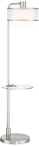 Possini Euro Design Modern Floor Lamps 60" Tall Set of 2 with Tray Table USB Charging Port Brushed Nickel Silver Organza Shade
