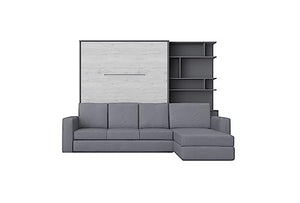 Maxima House Invento Vertical Wall Bed with Corner Sofa & Bookcase, 62.9 x 78.7 inch (Slate Grey/White Monaco/Grey)