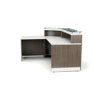 NBF Signature Series Esquire L-Shaped Reception Desk - Glass Top, Driftwood & Silver Laminate 79”Wx63”D