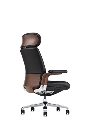 FURIJING Genuine Leather High Back Office Chair with Aluminum Swivel Base - Black