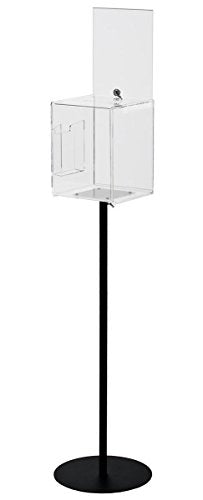 Floor-Standing Ballots Box with Side Pocket for Entry Forms and (2) 8.5x11 Sign Holders, Locking Door - Clear Acrylic Box with Black Steel Pedestal Stand