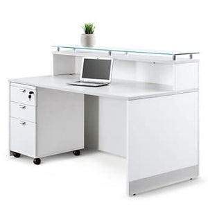 NBF Signature Series Esquire Reception Desk - Tempered Glass Top, White & Silver Laminate 63”W x 32”D