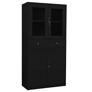 BIGBARLEY Tall Free Standing Storage Cabinet with Drawers and Glass Doors, Black Steel 35.4"x15.7"x70.9