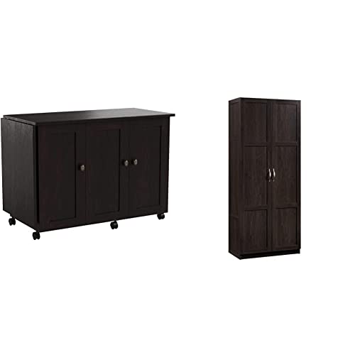 Sauder Select Collection Easy Rolling Sewing and Craft Table/Cart, Cinnamon Cherry Finish & 419496 Miscellaneous Storage Storage Cabinet, L: 29.61" x W: 16.02" x H: 71.50", Cinnamon Cherry Finish