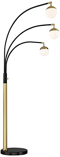 Possini Euro Design Rayne Modern Mid Century Arc Floor Lamp 3-Light LED 72" Tall Warm Gold Black Frosted Glass Globe