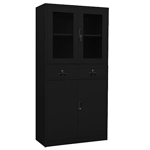 HLELU Steel Office Cabinet with Adjustable Shelves and Tempered Glass Doors