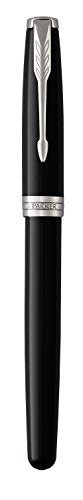 PARKER Sonnet Fountain Pen, Black Lacquer with Palladium Trim, Solid 18k Gold Fine Nib