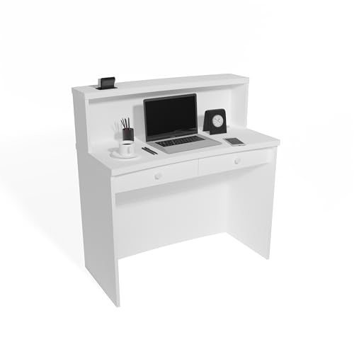 UGOS Modern White Reception Desk w/ Transaction Counter | Laminate Desktop | Multifunctional Standing Front Desk (47 inch)