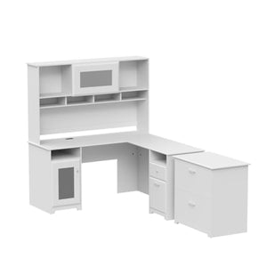 Bush Furniture Cabot 60" L-Shaped Computer Desk with Hutch, File Cabinet - White (CAB005WHN)