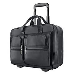 Rolling Leather Laptop Bag, Stylish Wheeled Office Bag with Compartment, Front Zippered Pockets and a File Compartment, Travel Bag for Work and Traveling, Business Bag, Briefcase, 15.6" (Black)