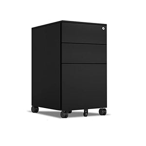 None Vertical Metal File Cabinet with 3 Drawers and 5 Wheels - Black