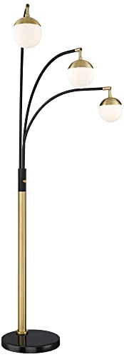 Possini Euro Design Rayne Modern Mid Century Arc Floor Lamp 3-Light LED 72" Tall Warm Gold Black Frosted Glass Globe