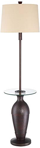 Regency Hill Industrial Floor Lamp with Tray Table USB and AC Power Outlet 66" Tall Oil Rubbed Bronze - Hammered Oatmeal Drum Shade