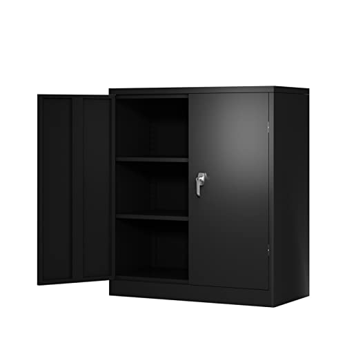 EDWAL Vertical Storage Cabinet - Lateral Black Metal File Cabinet with Lockable Doors and Shelves