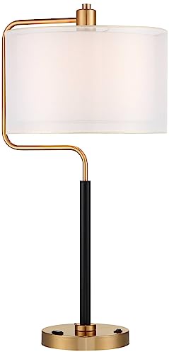 Possini Euro Design Carlyle 30 1/2" Tall Large Mid Century Modern Glam Luxe Desk Lamps Set of 2 - Black Gold Metal Shade with USB Port and Smart Socket for Home Office and Living Room Charging