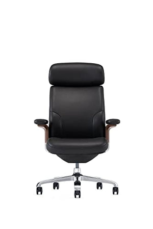 FURIJING Genuine Leather High Back Office Chair with Aluminum Swivel Base - Black