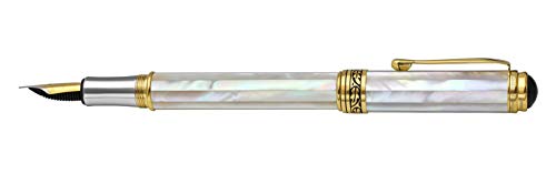 Xezo Maestro Handcrafted from Oceanic Origin Iridescent White Mother of Pearl Serialized Fine Fountain Pen. 18K Gold, Platinum Plated. No Two Alike