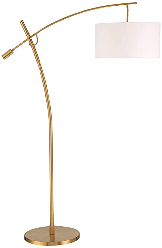 Possini Euro Design Raymond Modern Arc Floor Lamp 69" - Warm Gold Metal, Adjustable Boom Arm, White Linen Drum Shade - Living Room, Bedroom, Home Office Decor