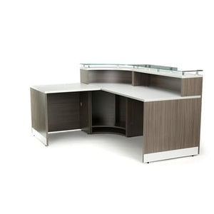 NBF Signature Series Esquire L-Shaped Reception Desk - Glass Top, Driftwood & Silver Laminate 79”Wx63”D