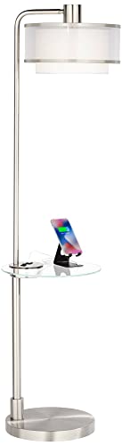 Possini Euro Design Modern Floor Lamp with Table 60" Tall Brushed Nickel White Linen Silver Organza Double Drum Shade - USB Charging Port