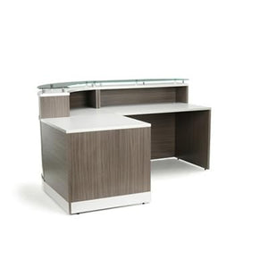 NBF Signature Series Esquire L-Shaped Reception Desk - Glass Top, Driftwood & Silver Laminate 79”Wx63”D