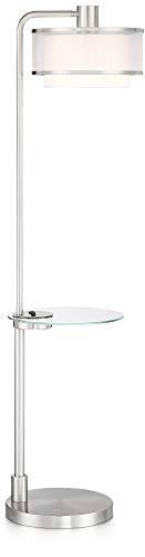 Possini Euro Design Modern Floor Lamp with Table 60" Tall Brushed Nickel White Linen Silver Organza Double Drum Shade - USB Charging Port