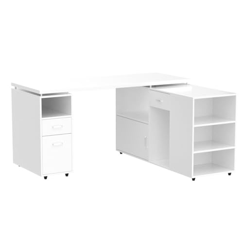 Homsee L-Shaped Corner Computer Desk with Storage, White
