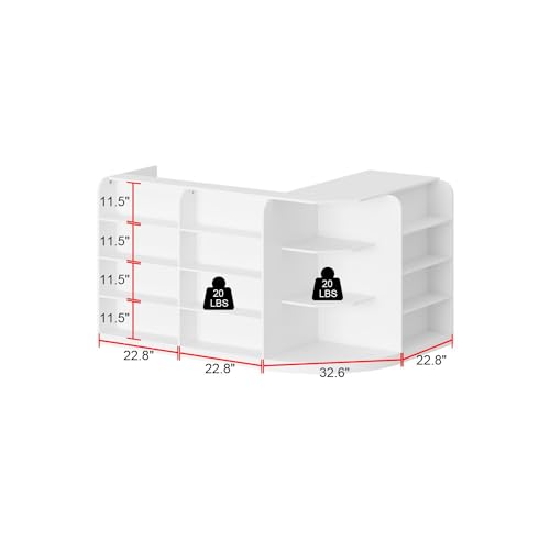 FAMAPY L-Shaped Reception Desk with Drawers, Shelves, Cabinet - White (70.9” x 47.2” x 39.4”)