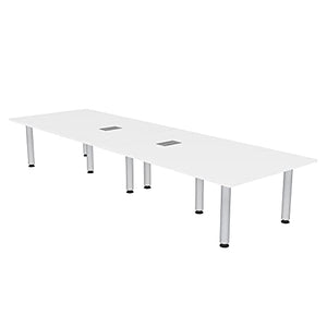 SKUTCHI DESIGNS INC. 10 Ft Rectangular Conference Room Table with Power and Data | Silver Post Legs | Harmony Series | White