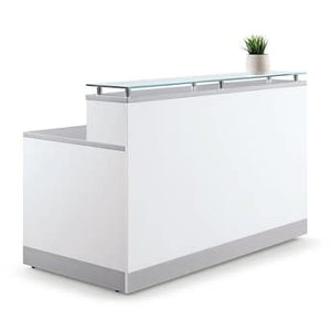 NBF Signature Series Esquire Reception Desk - Tempered Glass Top, White & Silver Laminate 63”W x 32”D