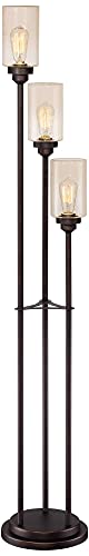 Franklin Iron Works Libby Modern Industrial Tree Floor Lamp 66" Tall Oiled Bronze Metal 3-Light Amber Seedy Glass