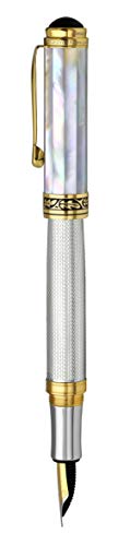 Xezo Maestro Solid 925 Sterling Silver and Oceanic Origin White Mother of Pearl Handcrafted and Serialized Medium Nib Fountain Pen. 18k Gold Plated. No Two Alike