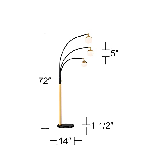 Possini Euro Design Rayne Modern Mid Century Arc Floor Lamp 3-Light LED 72" Tall Warm Gold Black Frosted Glass Globe