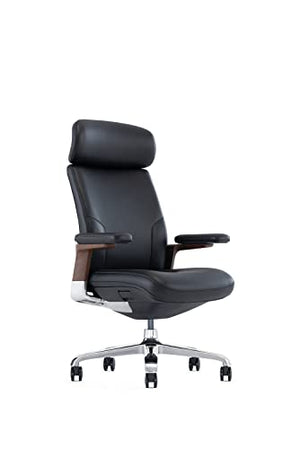 FURIJING Genuine Leather High Back Office Chair with Aluminum Swivel Base - Black