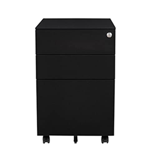 Steel File Cabinet with Roller and Lock, 3-Drawer Mobile Storage Cabinet for Home Office (Black, 60x39x50cm)