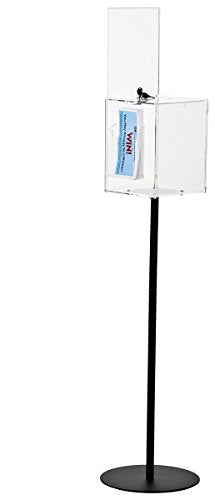 Floor-Standing Ballots Box with Side Pocket for Entry Forms and (2) 8.5x11 Sign Holders, Locking Door - Clear Acrylic Box with Black Steel Pedestal Stand