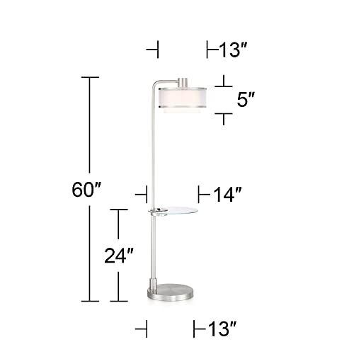 Possini Euro Design Modern Floor Lamp with Table 60" Tall Brushed Nickel White Linen Silver Organza Double Drum Shade - USB Charging Port