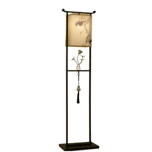 VejiA Chinese Ceramic Lotus Floor Lamp with Fabric Shade - Retro E27 Dimmable Standing Reading Light