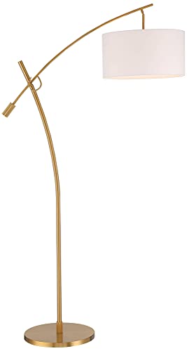 Possini Euro Design Raymond Modern Arc Floor Lamp 69" - Warm Gold Metal, Adjustable Boom Arm, White Linen Drum Shade - Living Room, Bedroom, Home Office Decor