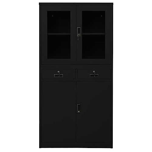 HLELU Steel Office Cabinet with Adjustable Shelves and Tempered Glass Doors