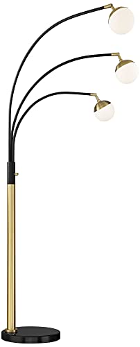 Possini Euro Design Rayne Modern Mid Century Arc Floor Lamp 3-Light LED 72" Tall Warm Gold Black Frosted Glass Globe