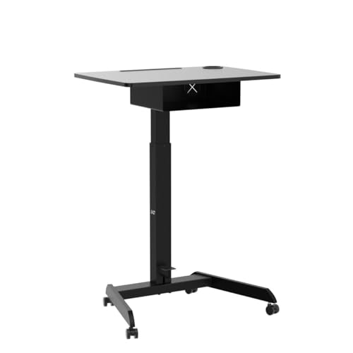 AVLT Height Adjustable Foot Pedal Rolling Desk with Shelf (44") - Pneumatic Laptop Standing Desk Cart - Black